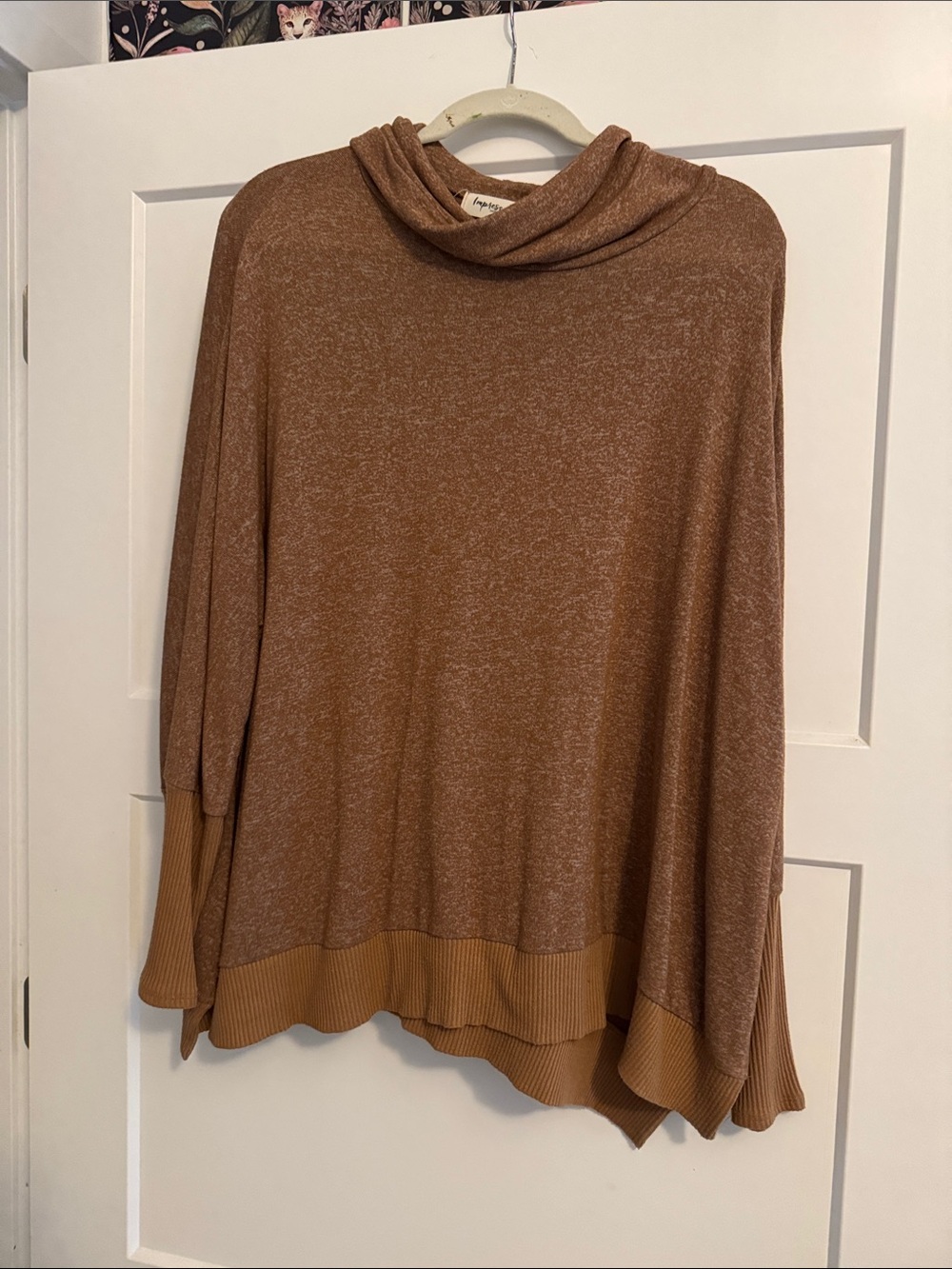 Impressions Brown Cowl Neck Sweater with Ribbed Hem